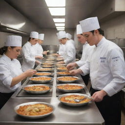 A bustling culinary school filled with students at various stations: preparing ingredients, cooking on stoves, baking in ovens, and plating dishes, all under the watchful eye of seasoned chefs.