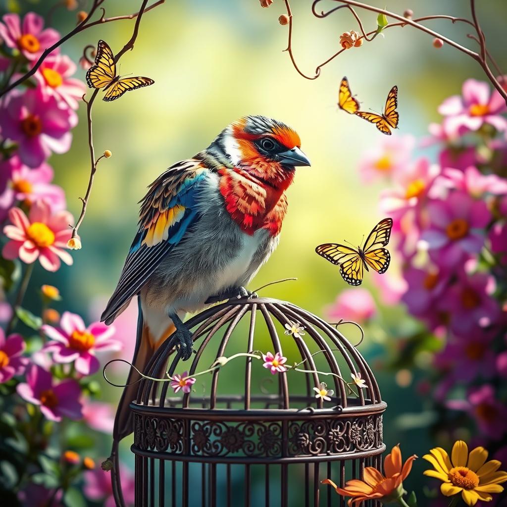 A striking bird perched on an ornate birdcage, surrounded by vibrant flowers in a sunlit garden