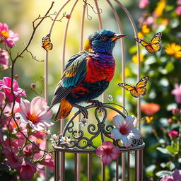 A striking bird perched on an ornate birdcage, surrounded by vibrant flowers in a sunlit garden