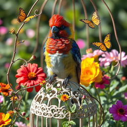 A striking bird perched on an ornate birdcage, surrounded by vibrant flowers in a sunlit garden