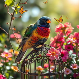 A striking bird perched on an ornate birdcage, surrounded by vibrant flowers in a sunlit garden