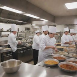 A bustling culinary school filled with students at various stations: preparing ingredients, cooking on stoves, baking in ovens, and plating dishes, all under the watchful eye of seasoned chefs.