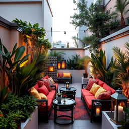 A beautifully decorated narrow terrace, enclosed on the sides with elegant modern barriers