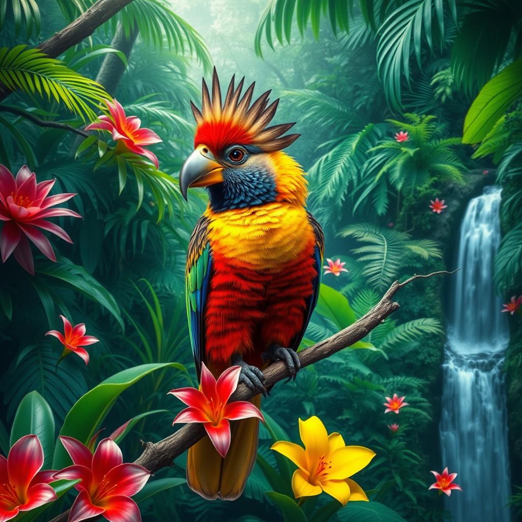 A majestic bird with a crown of regal feathers, perched elegantly on a branch amid a lush tropical rainforest