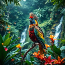 A majestic bird with a crown of regal feathers, perched elegantly on a branch amid a lush tropical rainforest