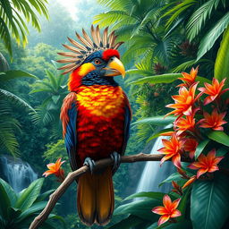 A majestic bird with a crown of regal feathers, perched elegantly on a branch amid a lush tropical rainforest