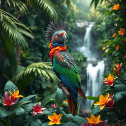 A majestic bird with a crown of regal feathers, perched elegantly on a branch amid a lush tropical rainforest