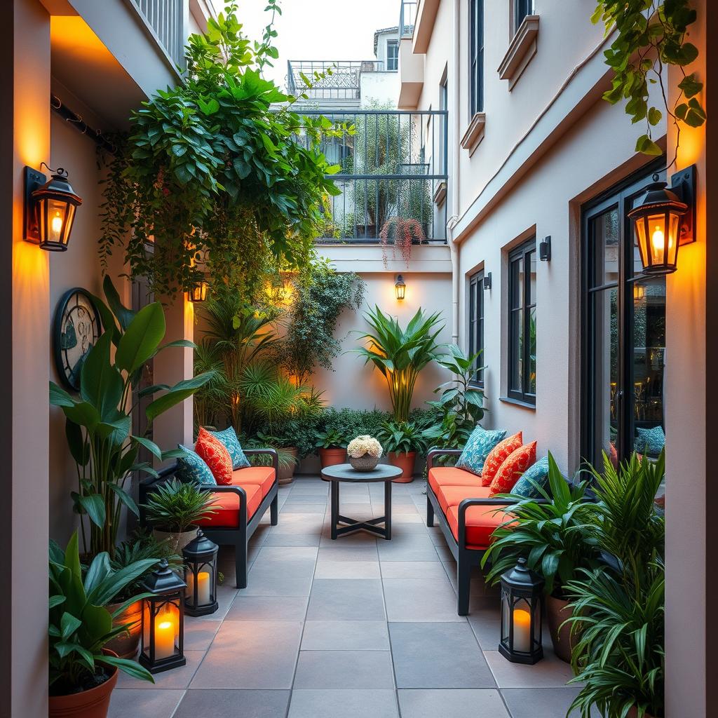 A charmingly decorated narrow terrace, enclosed on the sides with chic, contemporary partitions