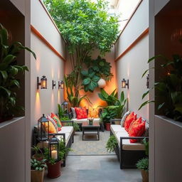 A charmingly decorated narrow terrace, enclosed on the sides with chic, contemporary partitions