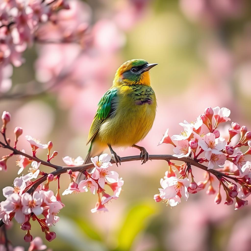 A vibrant bird sitting gracefully on a delicate branch covered in blossoms