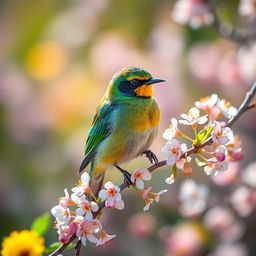 A vibrant bird sitting gracefully on a delicate branch covered in blossoms