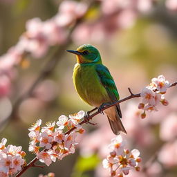 A vibrant bird sitting gracefully on a delicate branch covered in blossoms