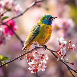 A vibrant bird sitting gracefully on a delicate branch covered in blossoms