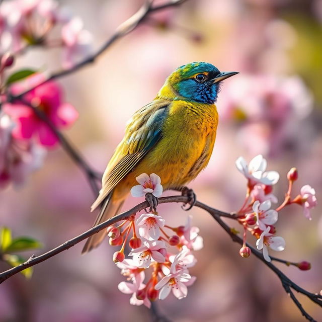 A vibrant bird sitting gracefully on a delicate branch covered in blossoms