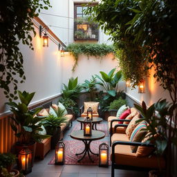 A charmingly decorated narrow terrace, enclosed on the sides with tasteful barriers