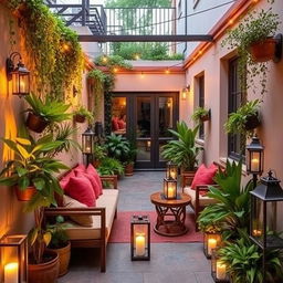 A charmingly decorated narrow terrace, enclosed on the sides with tasteful barriers