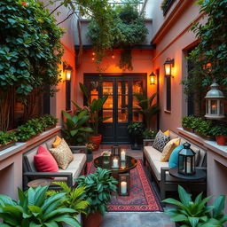 A charmingly decorated narrow terrace, enclosed on the sides with tasteful barriers