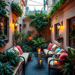 A charmingly decorated narrow terrace, enclosed on the sides with tasteful barriers