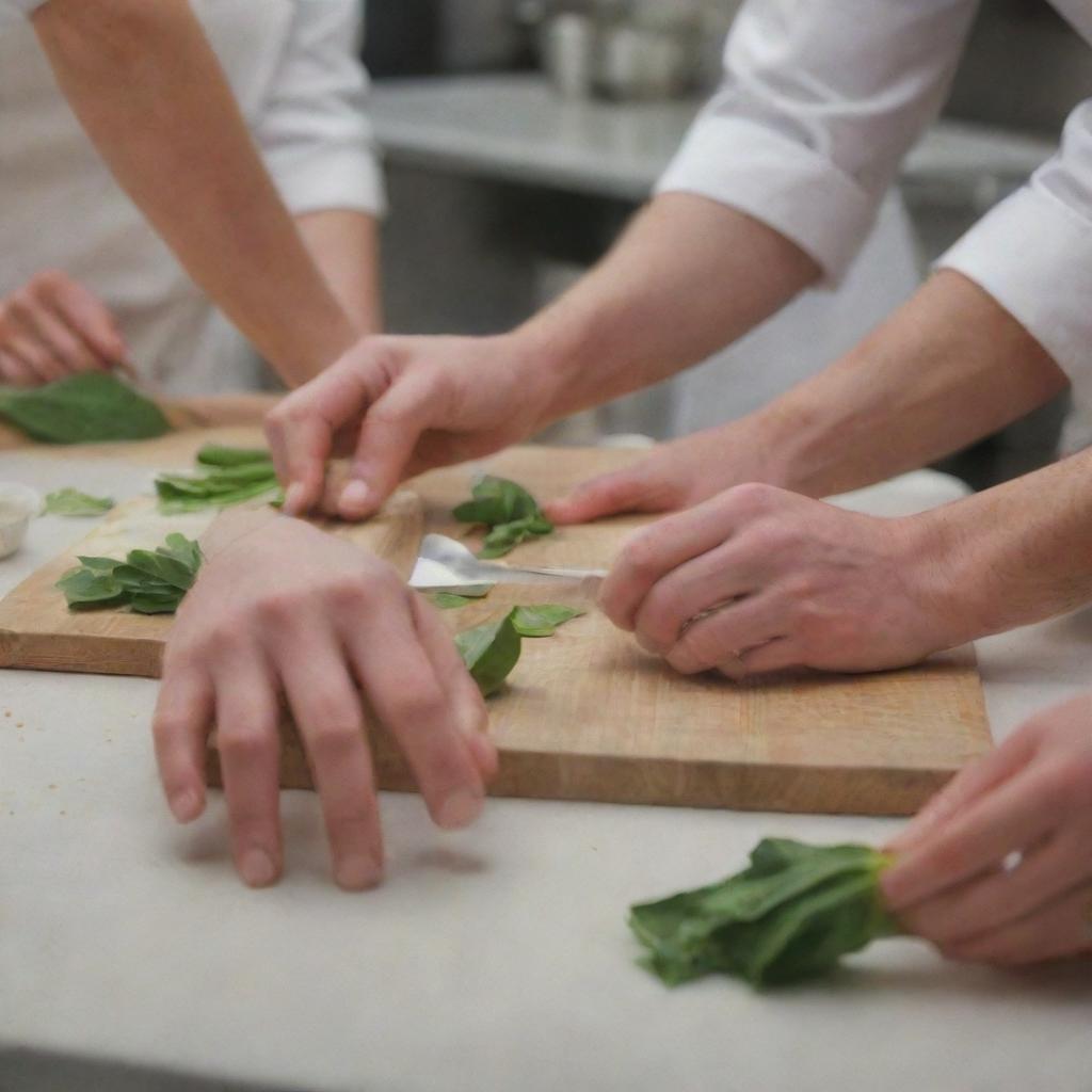 An HD image of a culinary school with heightened details: close ups on hands skillfully chopping ingredients, the focused faces of culinary students, the glint of professional kitchen equipment, and master chefs overseeing the process.