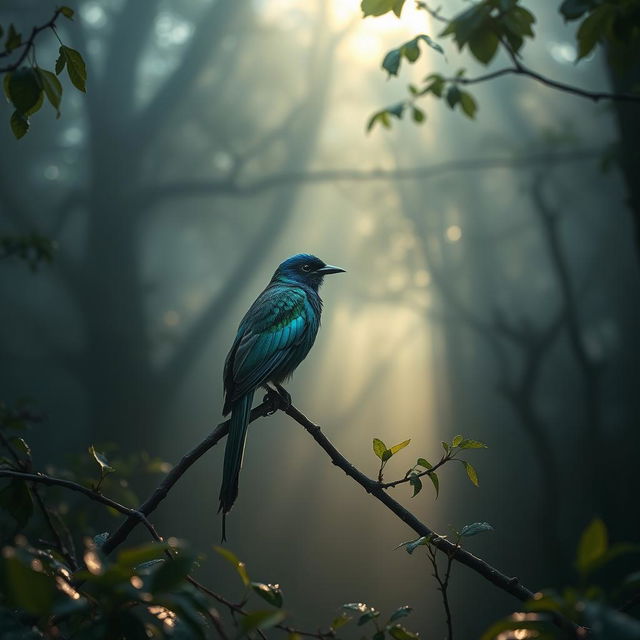 A radiant bird with iridescent plumage perched on a branch in a misty forest