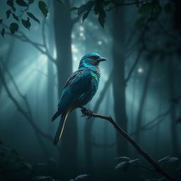 A radiant bird with iridescent plumage perched on a branch in a misty forest