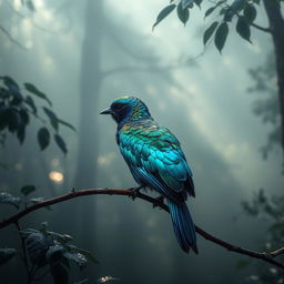 A radiant bird with iridescent plumage perched on a branch in a misty forest