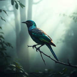 A radiant bird with iridescent plumage perched on a branch in a misty forest