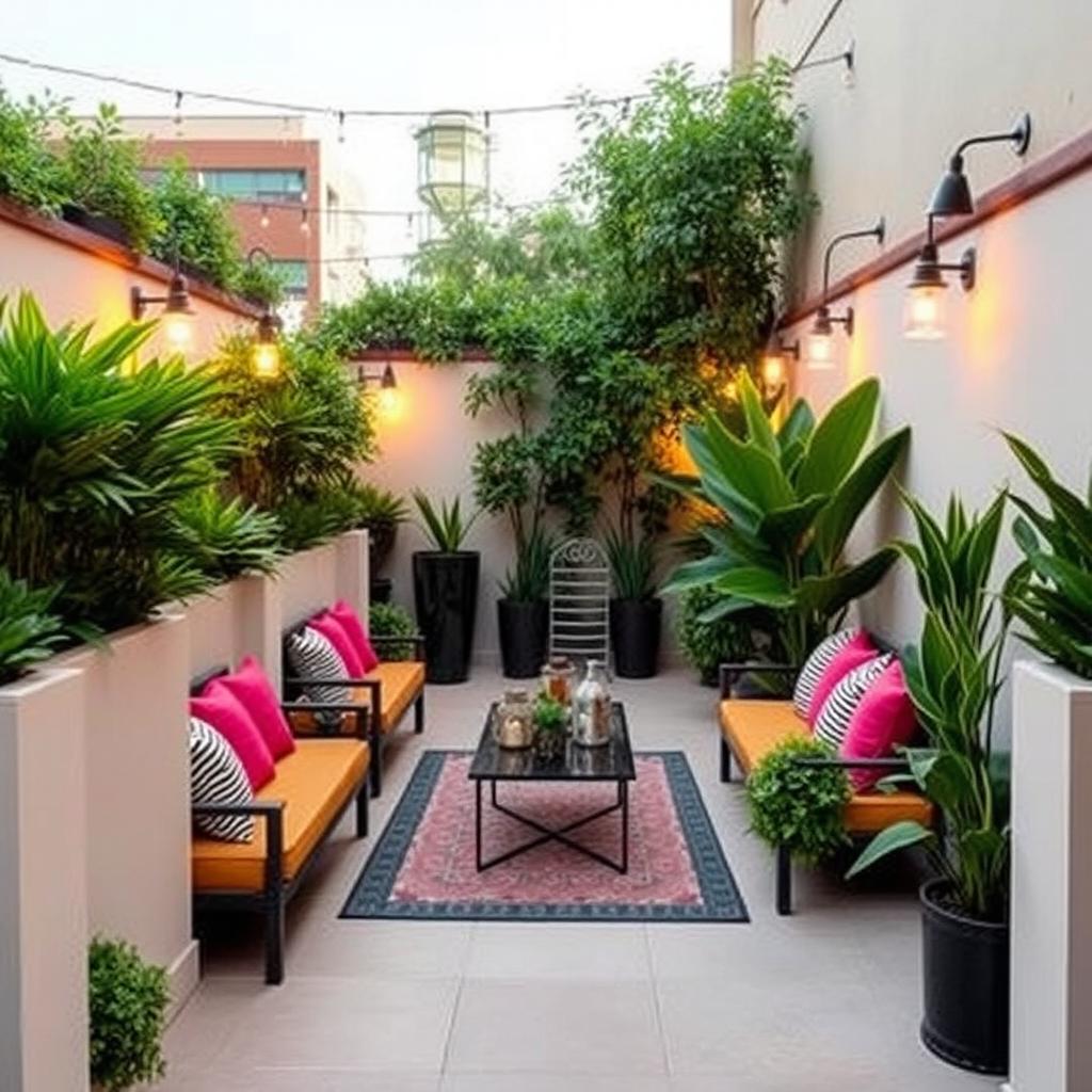 A beautifully decorated narrow terrace, enclosed on the sides with elegant, stylish dividers