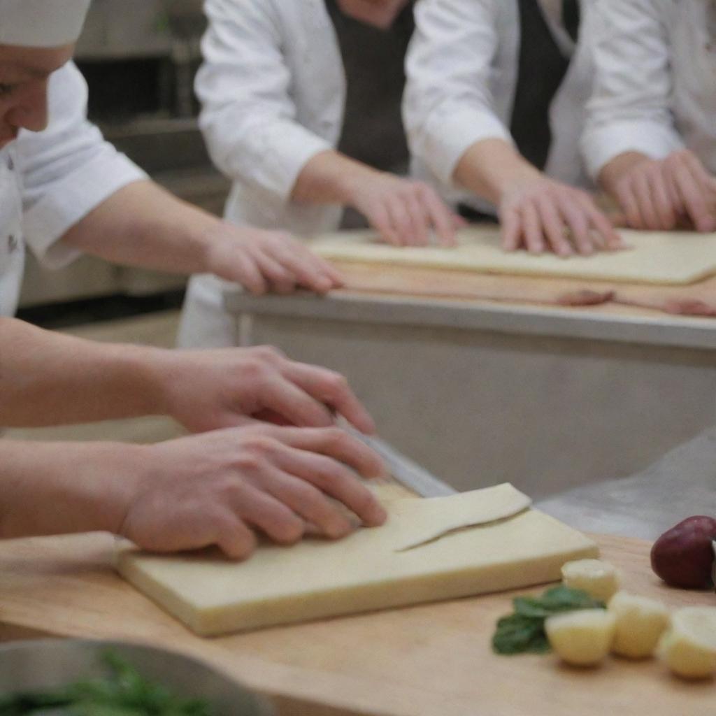 An HD image of a culinary school with heightened details: close ups on hands skillfully chopping ingredients, the focused faces of culinary students, the glint of professional kitchen equipment, and master chefs overseeing the process.