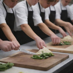 An HD image of a culinary school with heightened details: close ups on hands skillfully chopping ingredients, the focused faces of culinary students, the glint of professional kitchen equipment, and master chefs overseeing the process.