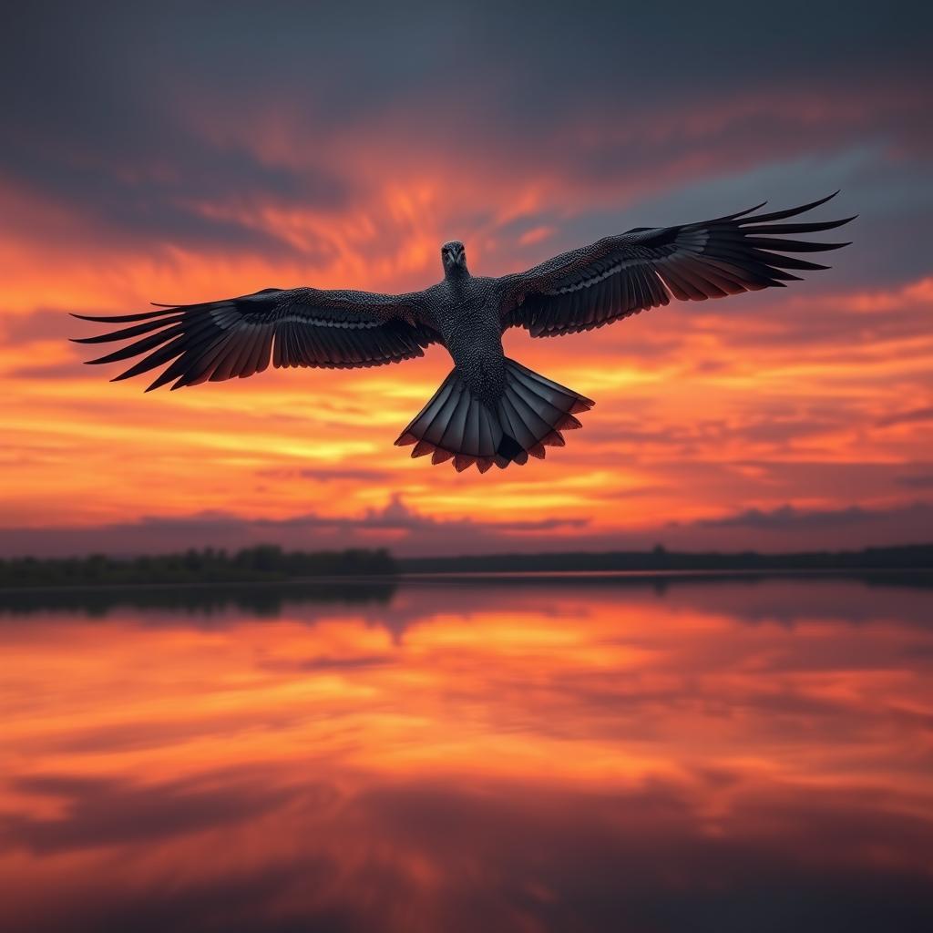 A spectacular bird with an extravagant tail trail, soaring gracefully across a dramatic sunset sky