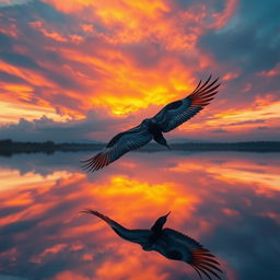 A spectacular bird with an extravagant tail trail, soaring gracefully across a dramatic sunset sky