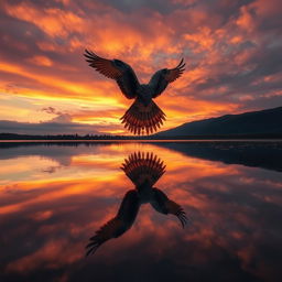 A spectacular bird with an extravagant tail trail, soaring gracefully across a dramatic sunset sky