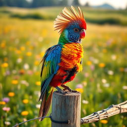 An exotic bird with a majestic crest perched on a rustic wooden fence