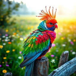 An exotic bird with a majestic crest perched on a rustic wooden fence