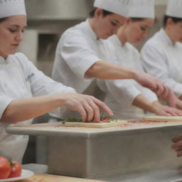 An HD image of a culinary school with heightened details: close ups on hands skillfully chopping ingredients, the focused faces of culinary students, the glint of professional kitchen equipment, and master chefs overseeing the process.