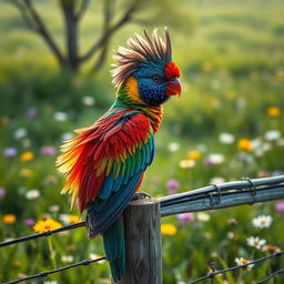 An exotic bird with a majestic crest perched on a rustic wooden fence