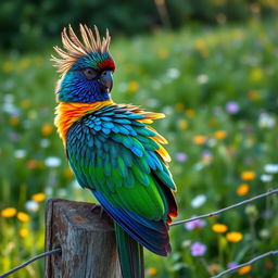 An exotic bird with a majestic crest perched on a rustic wooden fence