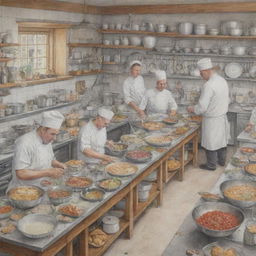 A detailed, well-crafted drawing illustrating a culinary scene with chefs preparing food, ingredients scattered around a kitchen, and beautifully presented dishes awaiting to be served.