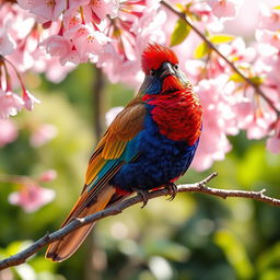 A dazzling bird with multicolored plumage perched on a blossoming cherry tree branch in a picturesque garden setting