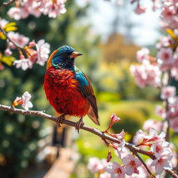 A dazzling bird with multicolored plumage perched on a blossoming cherry tree branch in a picturesque garden setting