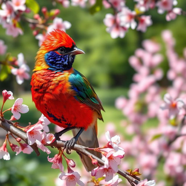 A dazzling bird with multicolored plumage perched on a blossoming cherry tree branch in a picturesque garden setting