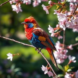 A dazzling bird with multicolored plumage perched on a blossoming cherry tree branch in a picturesque garden setting