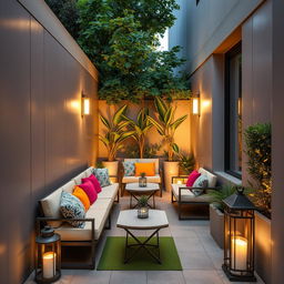 A beautifully adorned narrow terrace, enclosed on both sides with modern, sleek panels