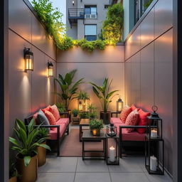 A beautifully adorned narrow terrace, enclosed on both sides with modern, sleek panels