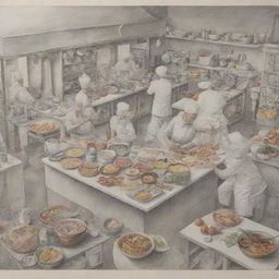 A detailed, well-crafted drawing illustrating a culinary scene with chefs preparing food, ingredients scattered around a kitchen, and beautifully presented dishes awaiting to be served.