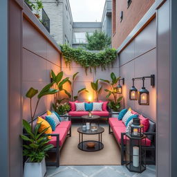 A beautifully adorned narrow terrace, enclosed on both sides with modern, sleek panels