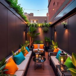 A beautifully adorned narrow terrace, enclosed on both sides with modern, sleek panels