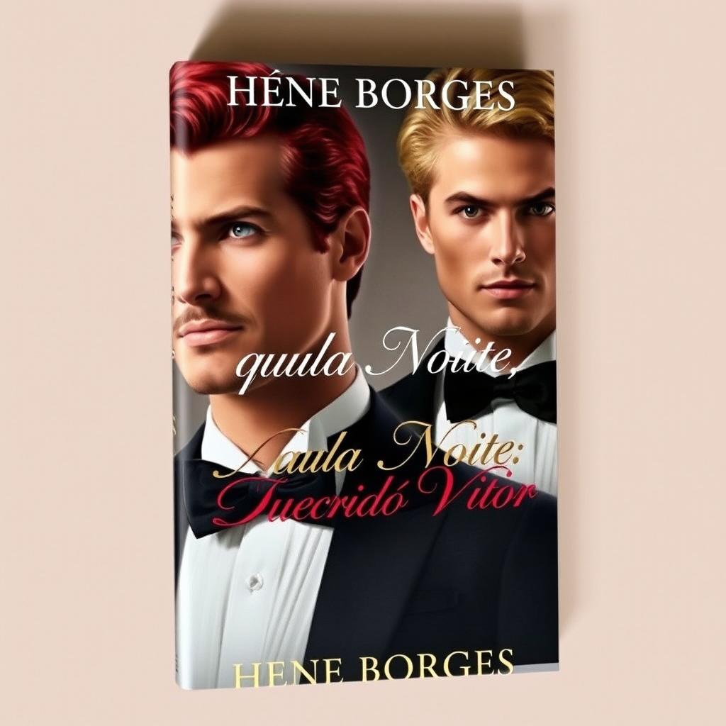 two elegant men, one with red hair and a mustache, the other with blonde hair, both depicted realistically on the book cover of 'Aquela Noite: Querido Vitor' by Hene Borges