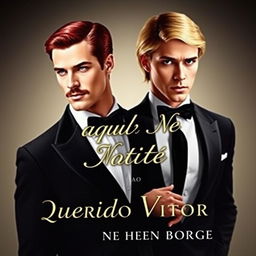 two elegant men, one with red hair and a mustache, the other with blonde hair, both depicted realistically on the book cover of 'Aquela Noite: Querido Vitor' by Hene Borges